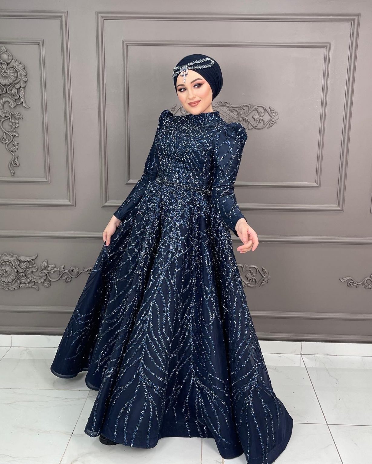 Lacivert Işıltı Simli Nişanlık