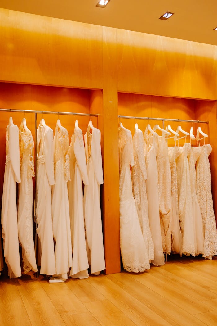 A collection of elegant bridal gowns displayed in a boutique under warm lighting.
